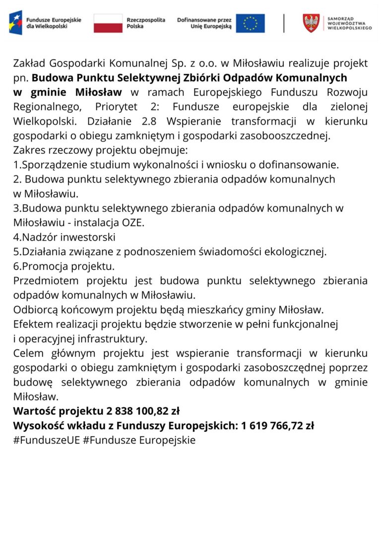 Grafika informacyjna projektu budowy PSZOK w gminie Miłosław z oznakowaniem Funduszy Europejskich; pełny opis projektu znajduje się na stronie.