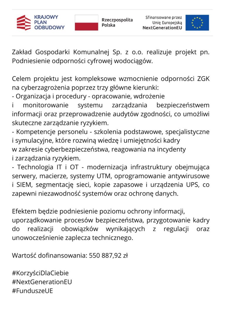 Plakat informacyjny projektu Podniesienie odporności cyfrowej wodociągów, z oznaczeniami KPO i Unii Europejskiej.